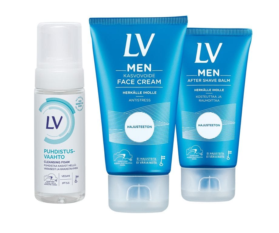 Tuotekuva. Keskellä sininen tuubi miesten LV Men Kasvovoide, vasemmalla valkoinen pullo LV Puuhidstusvaato ja oikealla sininen tuubi LV Men Aftershave Balm.