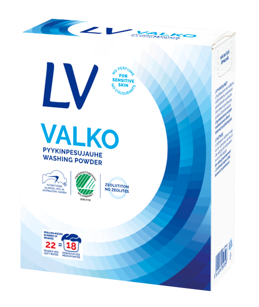 Valkoinen LV Valko pyykinpesujauheen pahvipakkaus