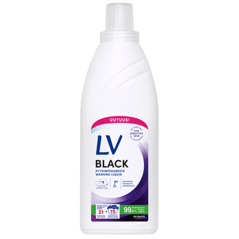 Kuvassa on LV Black pyykinpesuneste pakkaus