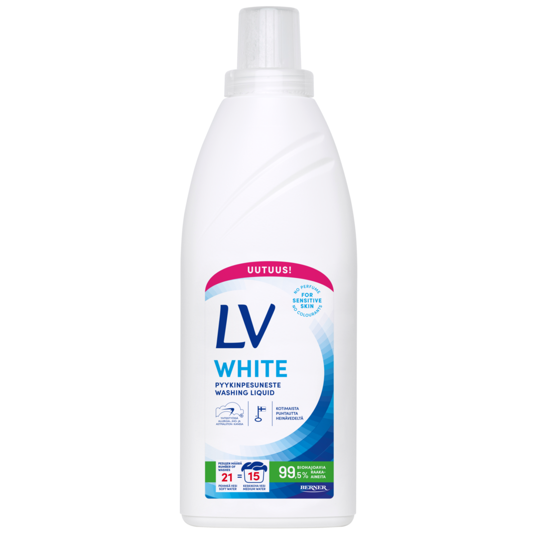 Kuvassa on LV White pyykinpesuneste pullo