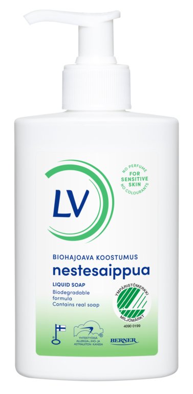 Kuvassa on LV nestesaippua, biohajoava koostumus